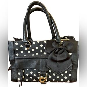 Betsey Johnson Black & White Polka Dot Satchel w/handles, heart clip & Bow Charm